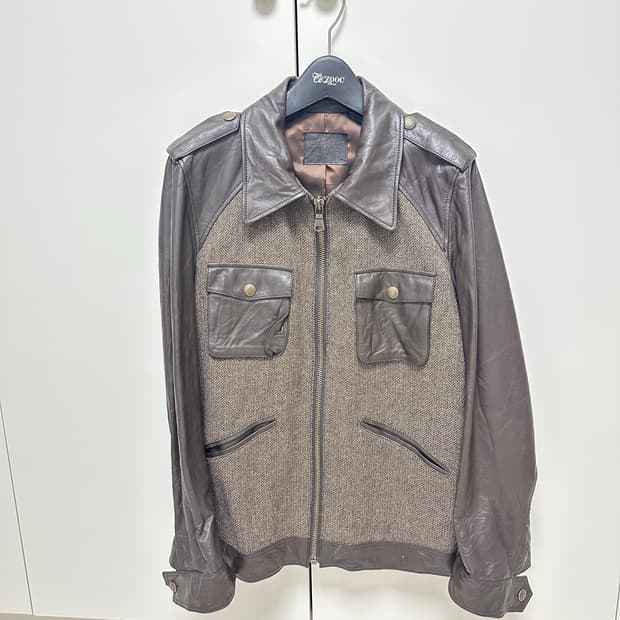 가죽/헤링본 배색 브라운 레더 자켓