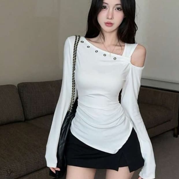 쉬인 비대칭 원숄더 긴소매 티셔츠