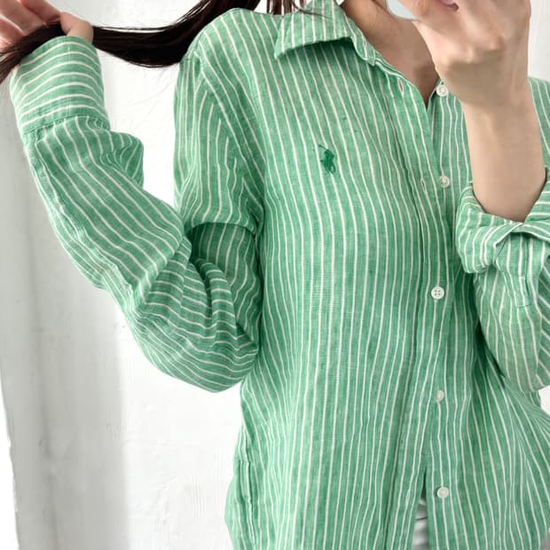 Polo 폴로 랄프로렌 신형 우먼 그린컬러 스트라이프 린넨 셔츠