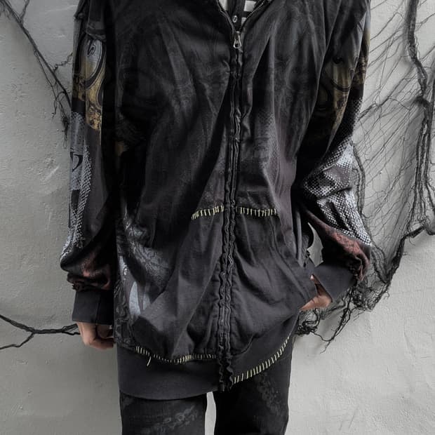 00s Vtg rock house 스컬 풀 프린팅 블랙 후드집업
