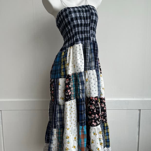 블루 체크 패치 롱 원피스