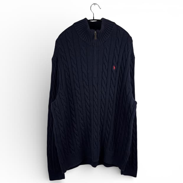 (110) 폴로랄프로렌 케이블 꽈배기 코튼 하프집 니트 네이비