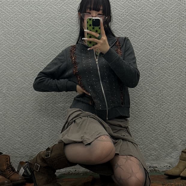 빈티지 코지 모리걸 희귀 Y2K 리본플라워 큐빅 집업 K0071