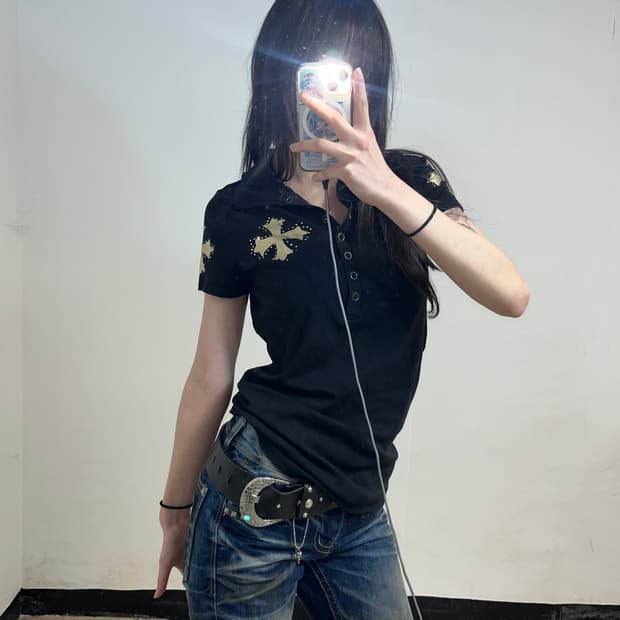 펑크 크로스 프린팅 카라티셔츠