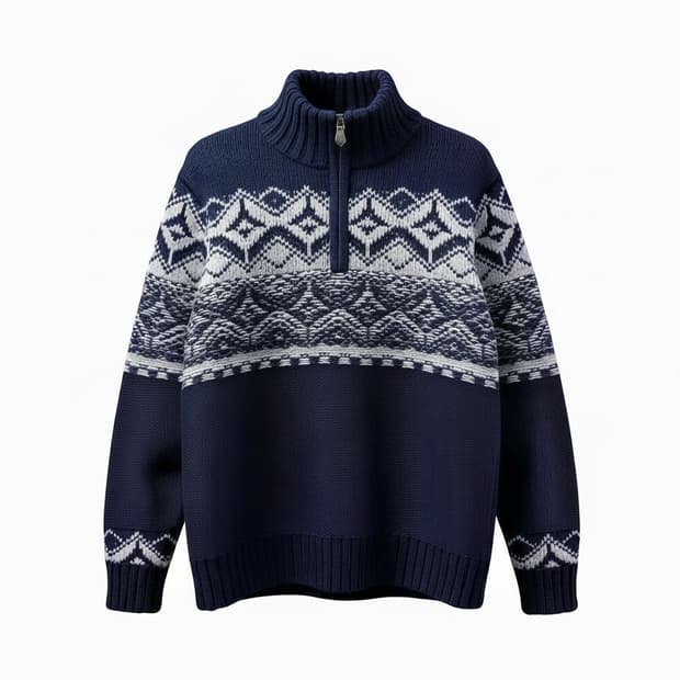 노드릭 패턴 반집업 니트 와이드시보리 디테일 네이비