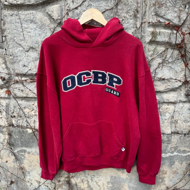 90s 러셀 애슬래틱 빈티지 배기 패치 후디 후드티 버건디 L