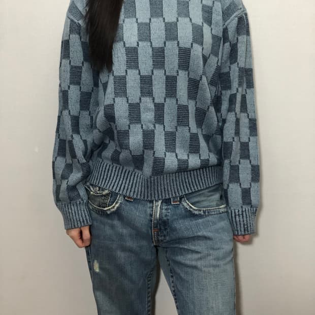 빈티지 블루 체커보드 니트