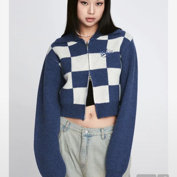원더비지터 Wool Checkerboard Knit zip-up blue