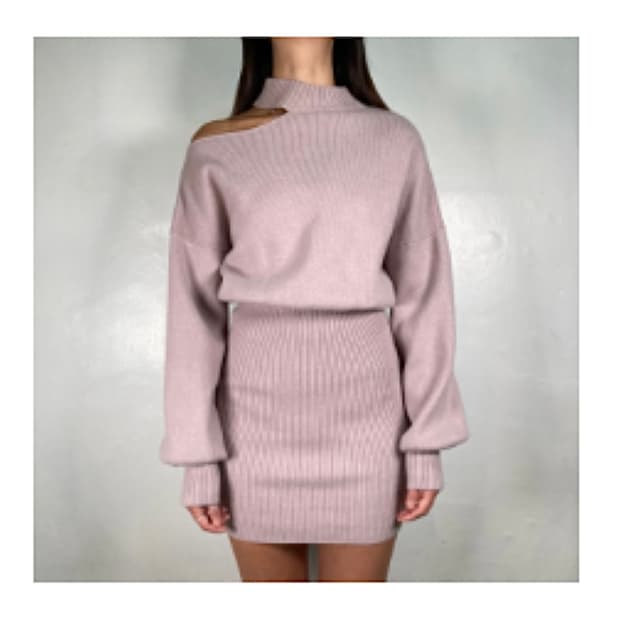 neckline detail knit dress 핑크 미디 원피스