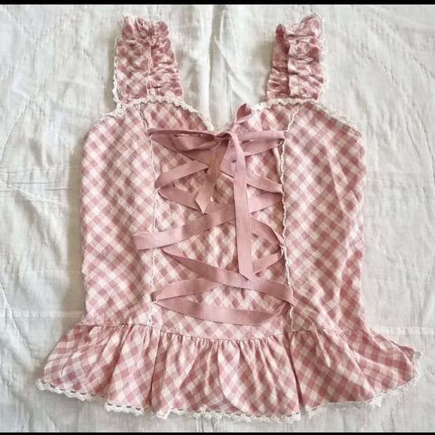 Heart E(하트이) 핑크 깅엄체크 리본 코르셋 프릴