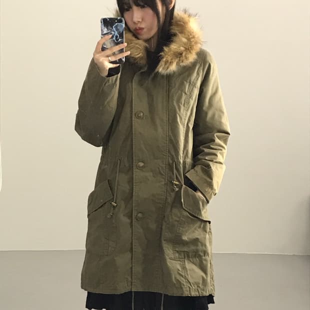 Jpn Khaki Military Hoodie Fur Coat