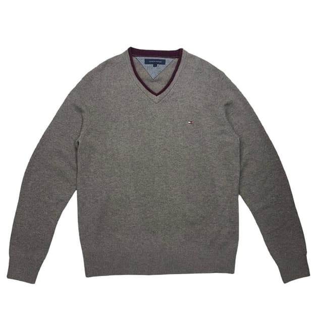 TOMMY HILFIGER 브라운 브이넥 엘보패치 니트 L