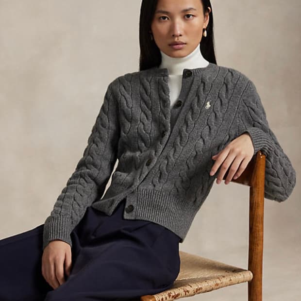 폴로 랄프로렌 신형 큐알 꽈배기 케이블 니트 울 캐시미어 가디건 그레이