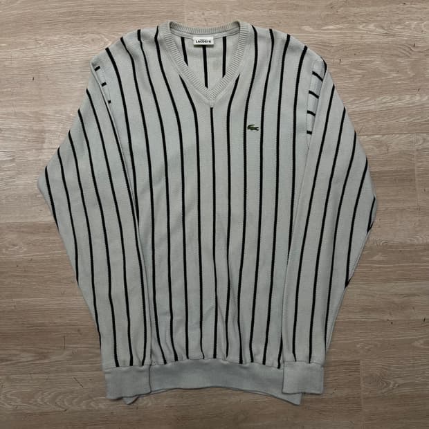 라코스테 자수로고 스트라이프 브이넥 니트 [화이트] 5사이즈