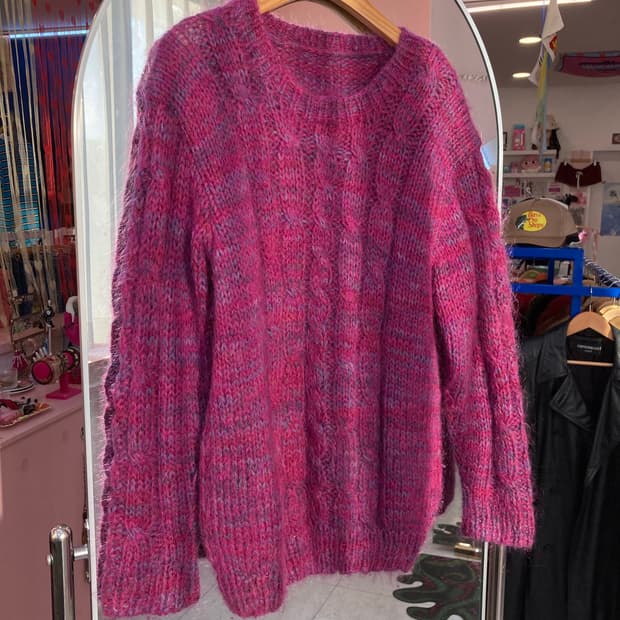 빈티지 울 핑크 꽈배기 니트