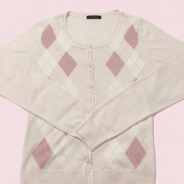 로걀 핑크 아가일 가디건