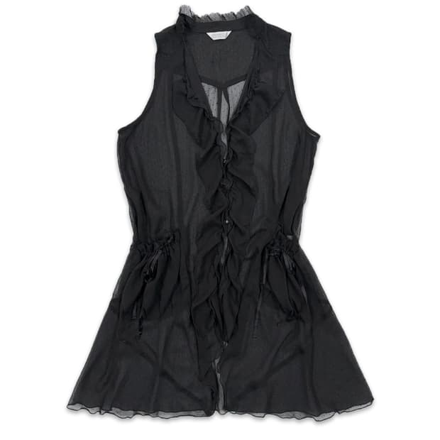 빈티지 블랙 도트 시스루 리본포켓 원피스 슬리브리스