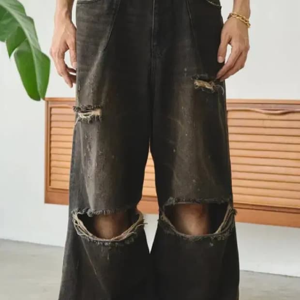 camphor wood 빈티지 가공 데미지 흑청 데님 팬츠 m 캠퍼우드