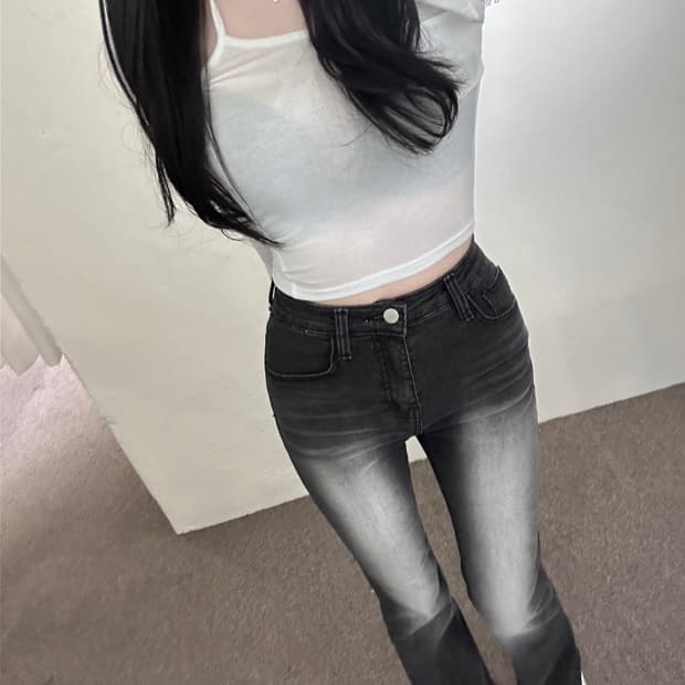 자스민벨 슬림 그레이 흑청 워싱 롱 부츠컷 데님