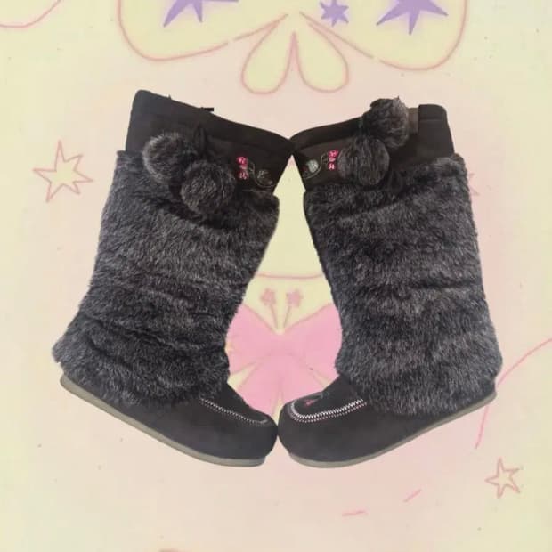 shop502 딸기 자수 포인트 퍼 폼폽 부츠 모리걸 일본 빈티지 사와코