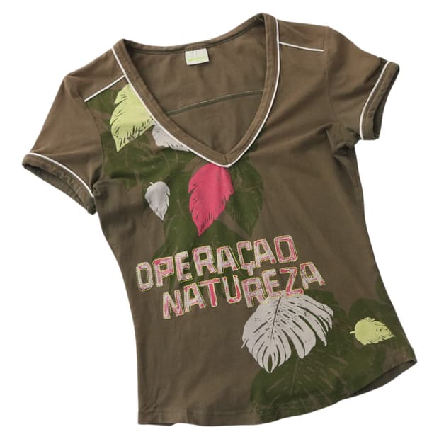 GAS 가스 빈티지 트로피컬 리프 그래픽 브이넥 반팔 티셔츠 (S)