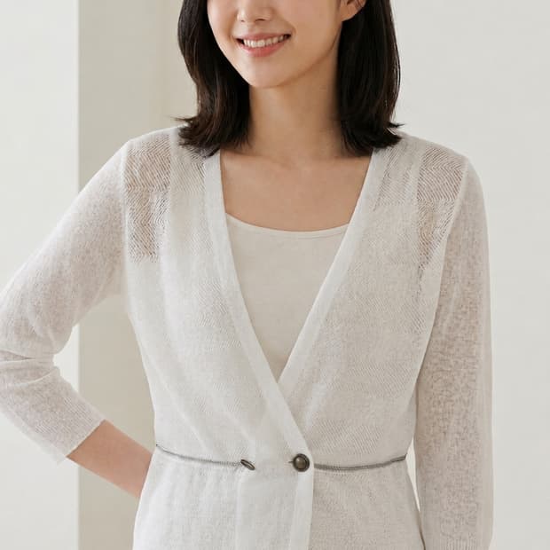 🌿 시슬리(SISLEY) 화이트 시스루 니트 가디건 | 실버 포인트 |
