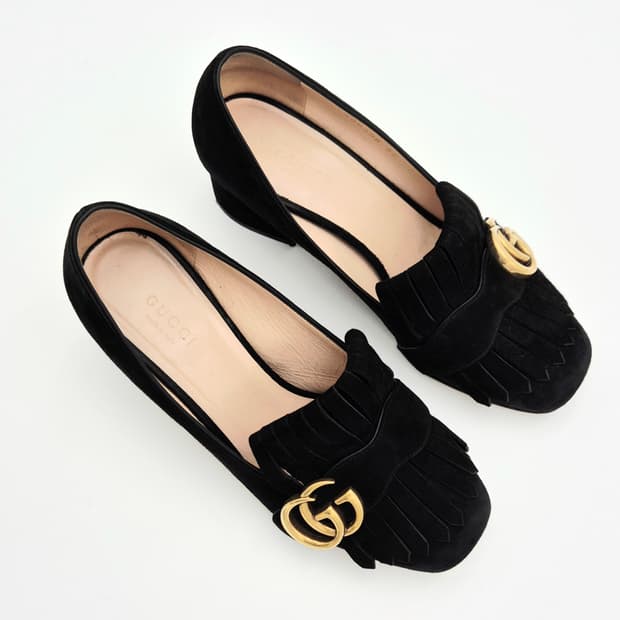 구찌 GG 금장 블랙 스웨이드 블록 힐 로퍼 35