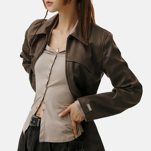 FITTED CRACK LEATHER JACKET [DARK BROWN]