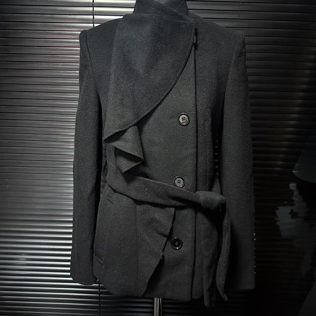 아르마니 익스체인지 카울 벨트 울 드레이프 사선 더블 블레이져 숏 코트 