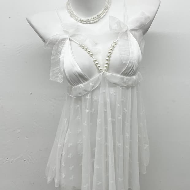 화이트페어리 진주 리본 레이스 슬립