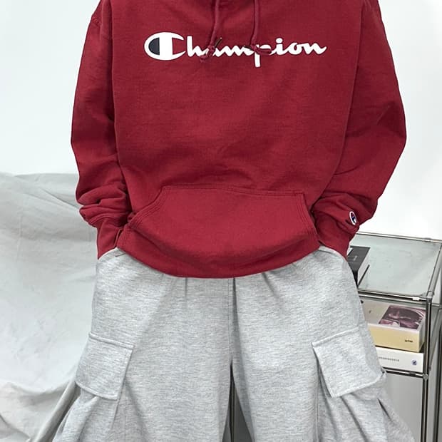 챔피온 버건디 빅로고 후드티 XL