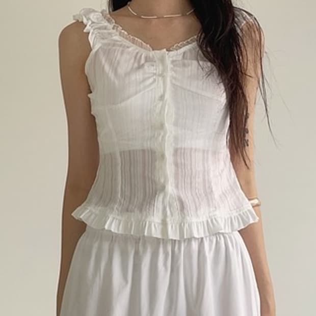 아델리오 빈 프릴 레이스 슬리브리스 블라우스 화이트