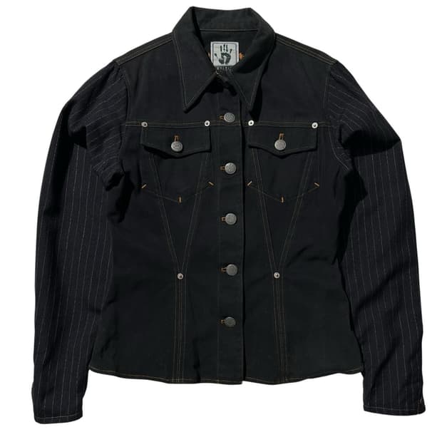 장 폴 고티에 스트라이프 슬리브 데님 트러커 자켓