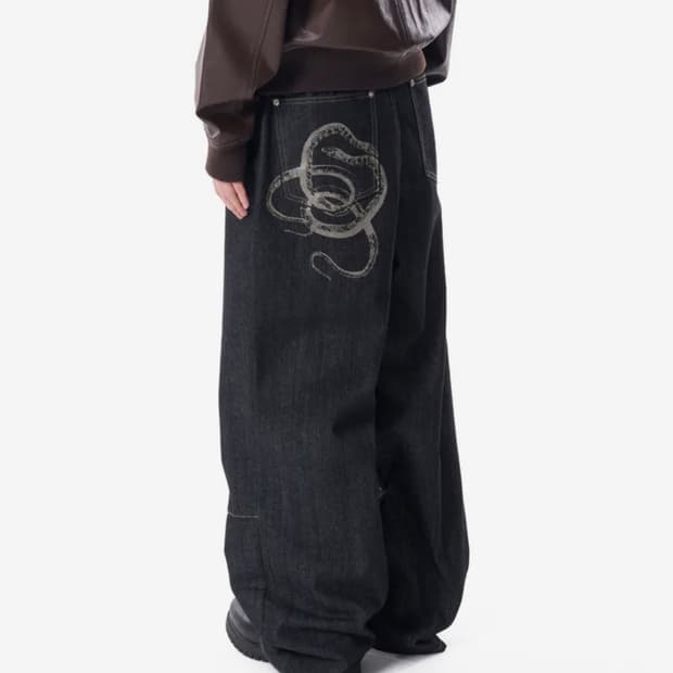 Snake Printed Denim Pants (Black)