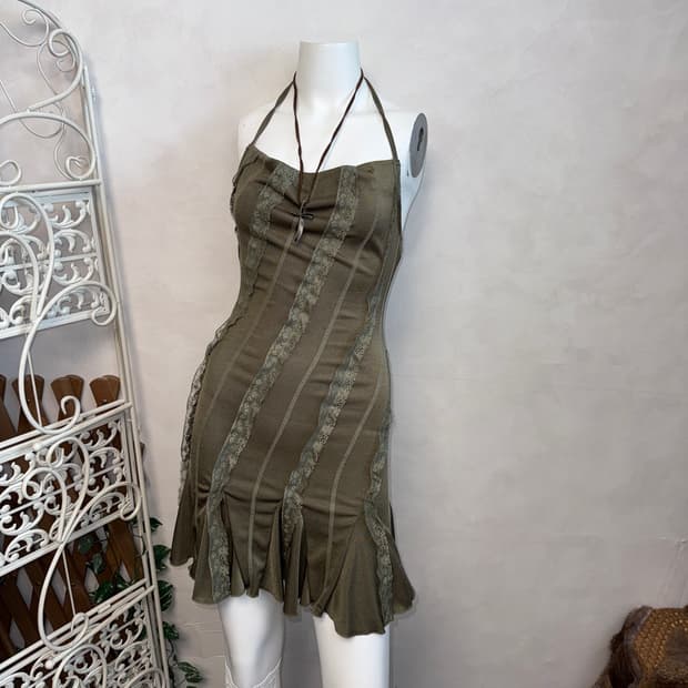 Khaki fairy lace cowl neck halter ops