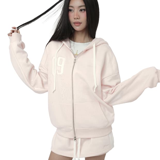 새상품 클리시어 09 핑크 넘버링 후드집업 기모