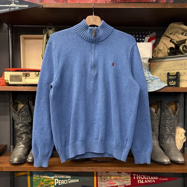 90s 폴로 랄프로렌 더블립 하프집업 코튼 니트 스웨터 블루 N638