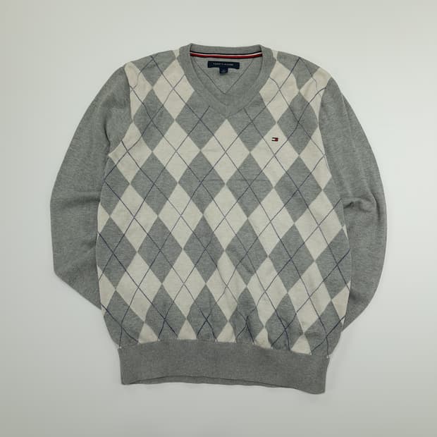 CN815 S 타미힐피거 그레이 아가일 V넥 니트 스웨터