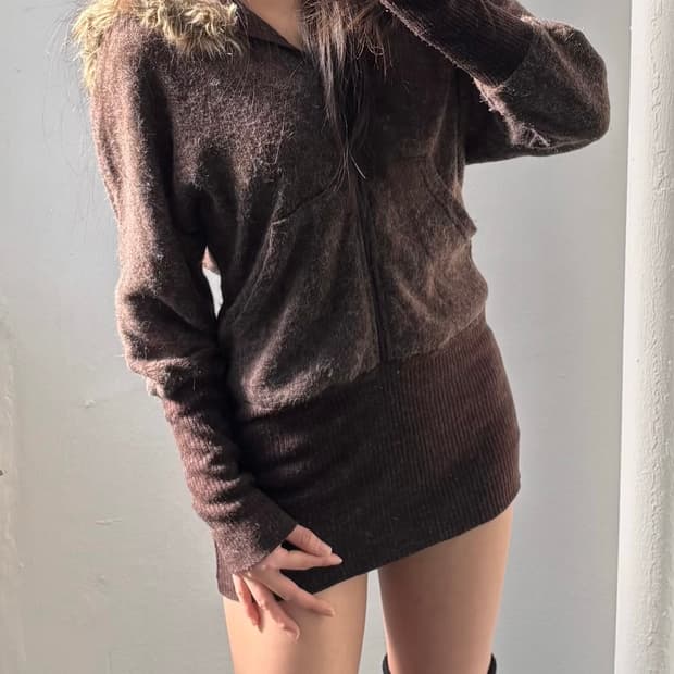 Vintage Brown Fur-Trim Hood Knit