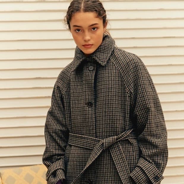 프론트로우 푸시버튼 콜라보 체크 후디 포인트 싱글버튼 롱코트 S