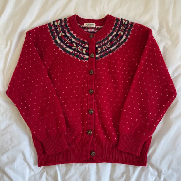 빈티지 체리 레드 페어아일 울 니트 가디건
