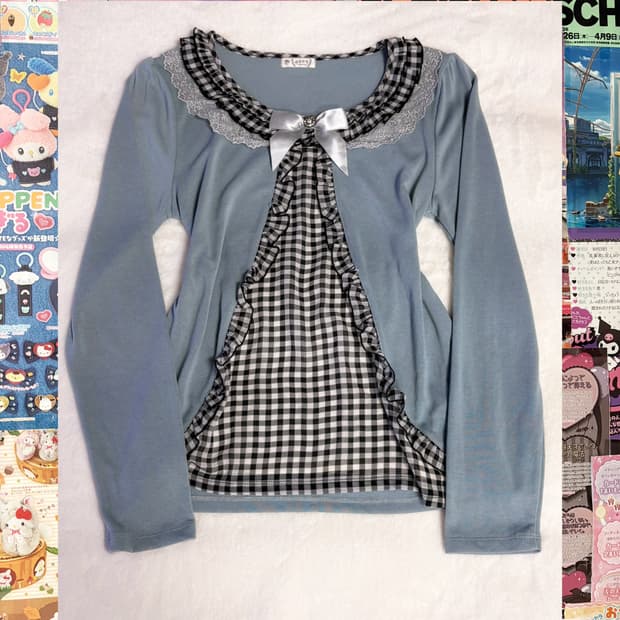 (이체시에눌) axes femme 엑시즈팜 리본 진주 체크 레이어드 티