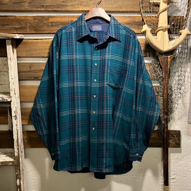[XL]펜들턴 Made in USA 블루그린 타탄체크 퓨어 버진 울 셔츠