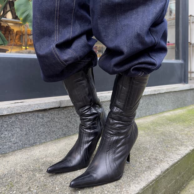 00s Y2K 알도 가죽 모토 포인티드 힐 부츠