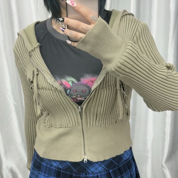 Kaki knit crop hood zip-up