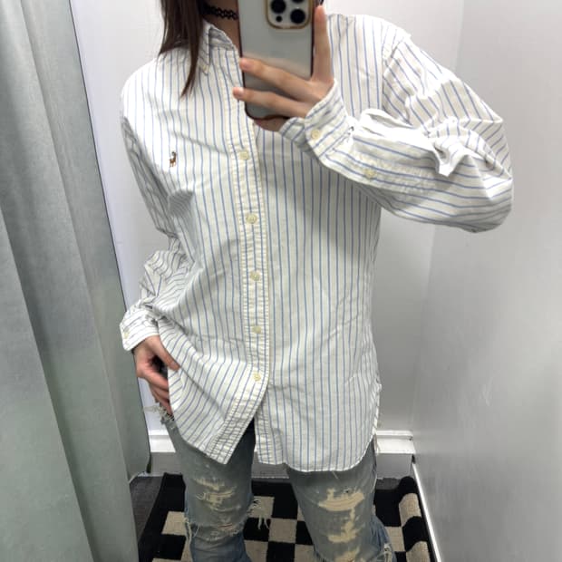 랄프로렌 화이트 블루 스트라이프 클래식핏 셔츠