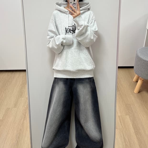 스투시 스탁로고 애플리크 애쉬헤더 후드티