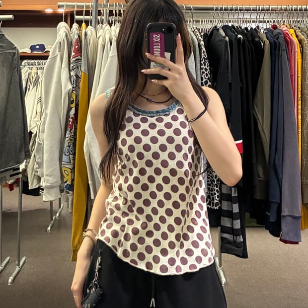 OS)Japanese vintage 여성 프린지 디테일 도트 나시