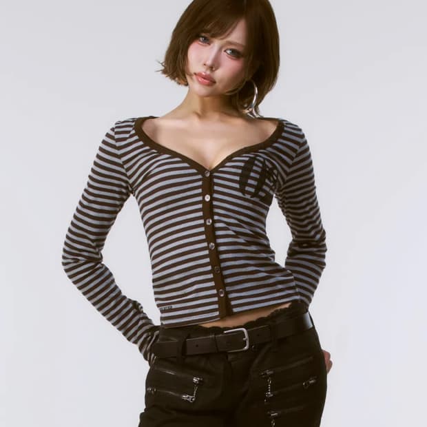 이와이이알 eyer 02 로고 버튼 롱 슬리브 스트라이프