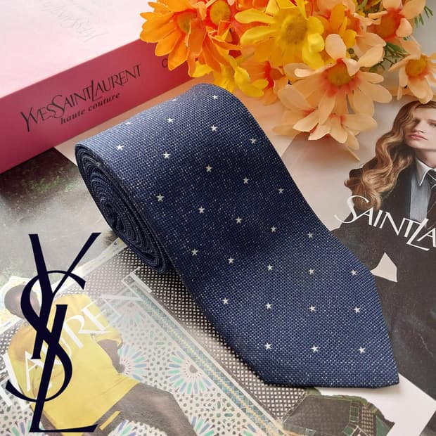 입생로랑 실크 네이비 스타 자수 넥타이 8cm A+~A등급 K2558